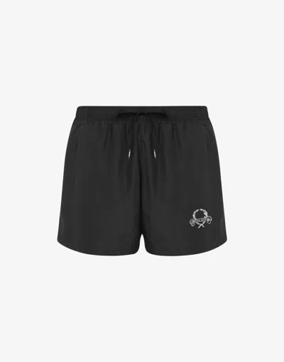 Moschino Laurel Crown Logo Beach Boxer Shorts In Black