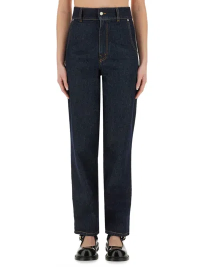 Moschino Laurel Crown Patch Straight Fit Denim Pants In Blue