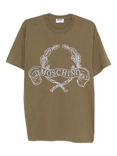 Moschino Cotton T-shirt With Contrasting Embroidered Logo In Brown