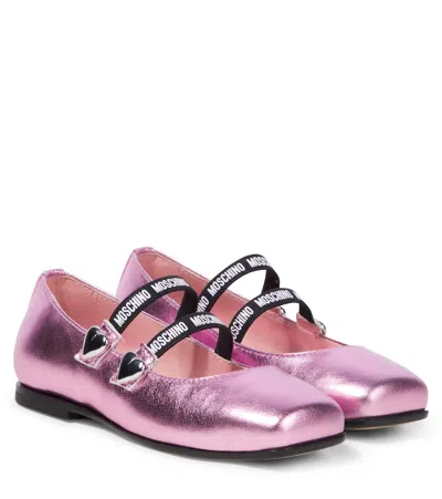 Moschino Kids' Leather Ballet Flats In Pink