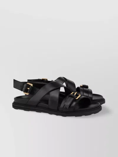 Moschino Leather Crossed Strap Heel Sandals