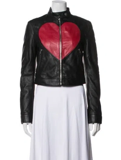 Pre-owned Moschino Leather Graphic Print Biker Jacket In Black