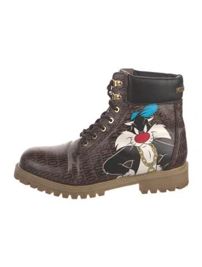 Pre-owned Moschino Leather Graphic Print Combat Boots In Brown