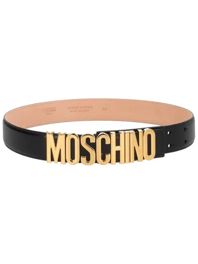 Moschino Leather Logo Buckle Belt In Black