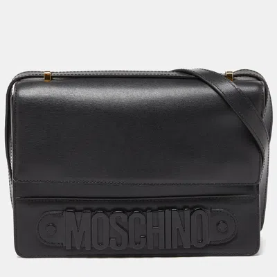 Moschino Leather Logo Flap Shoulder Bag In Black