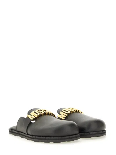 Moschino Leather Logo Sabot In Black