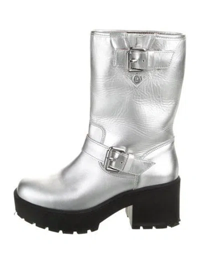 Pre-owned Moschino Leather Moto Boots In Silver