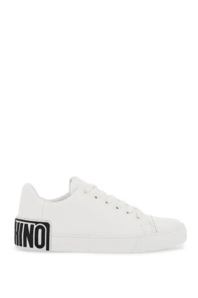 Moschino Leather Trainers With Rubber Logo Detail. In White