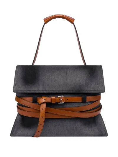 Moschino Leather-trimmed Denim Shoulder Bag In Black