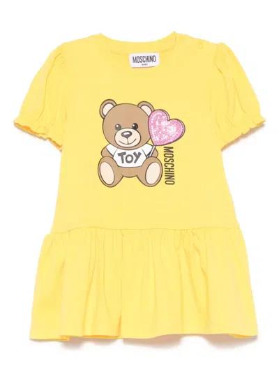 Moschino Babies' Leo Teddy-print Dress In Yellow