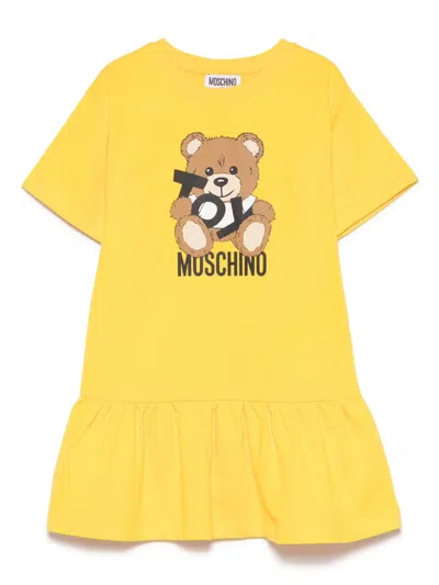 Moschino Kids' Leo Teddy-print Dress In Yellow