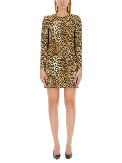 Moschino Leopard Animal Print Round Neck Mini Dress In Leopard Print