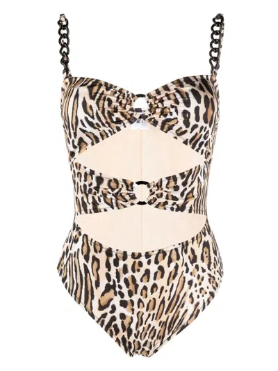 Moschino Leopard-print Chain-link Swimsuit In Neutrals