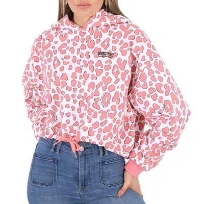 Moschino Leopard Print Cropped Cotton Hoodie In Pink