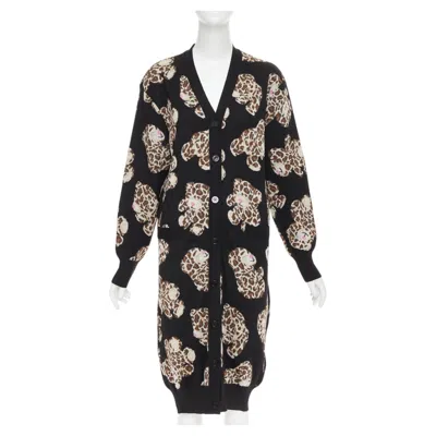 Pre-owned Moschino Leopard Teddy Black Brown Virgin Wool Knit Long Cardigan It38 Xs