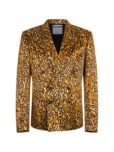 Moschino Leopard-print Double-breasted Blazer In Brown