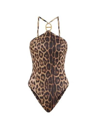Moschino Leopard-print Halterneck Swimsuit In Brown