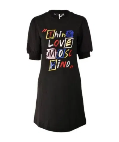 Moschino Letter Sequin Embroidered Elastic Dress With Medium Sleeves In Black