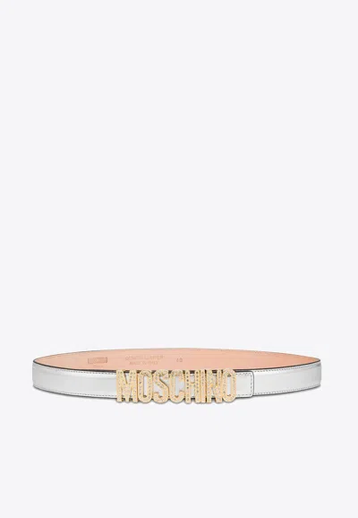 Moschino Lettering Logo Laminated Leather Belt In Silver