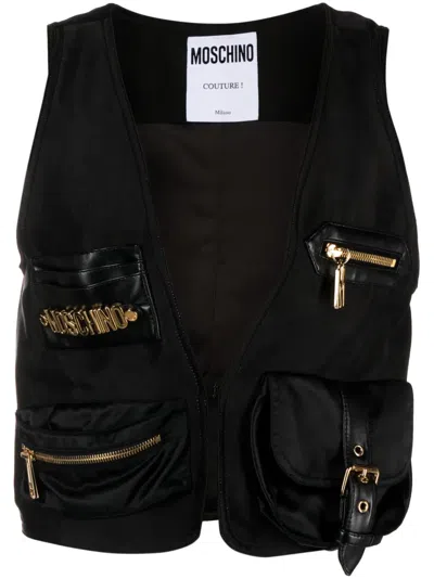 Moschino Lettering Logo-plaque Satin Gillet In Black