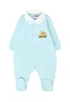 Moschino Light Blue Babygrow For Baby Boy With Teddy Bear In Blue