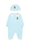 Moschino Light Blue Babygrow Set For Baby Boy With Teddy Bear In Blue