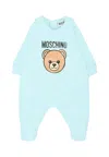 Moschino Light Blue Romper For Baby Boy With Teddy Bear And Logo In Blue