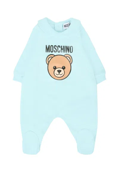 Moschino Light Blue Romper For Baby Boy With Teddy Bear And Logo