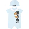 MOSCHINO LIGHT BLUE SET FOR BABY BOY WITH TEDDY BEAR AND LOGO