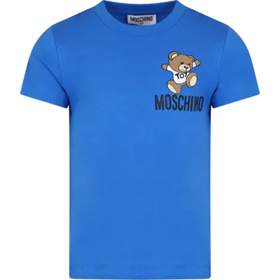 Moschino Light Blue T-shirt For Kids With Teddy Bear And Logo In Victoria Blue