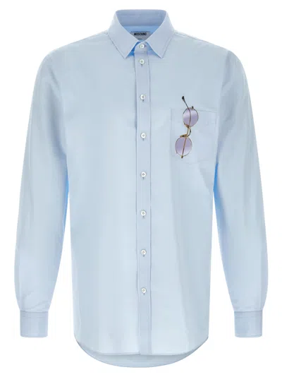 Moschino Long Sleeve Silk Blend Button Collar Shirt In Blue