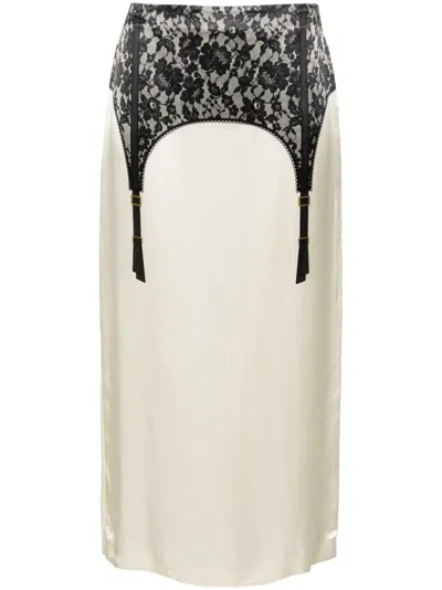 Moschino Printed Viscose Satin Midi Skirt In Beige