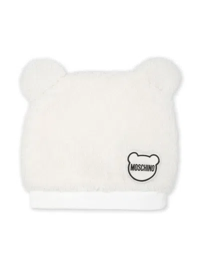 Moschino Babies' Logo-appliqué Faux-shearling Beanie In White