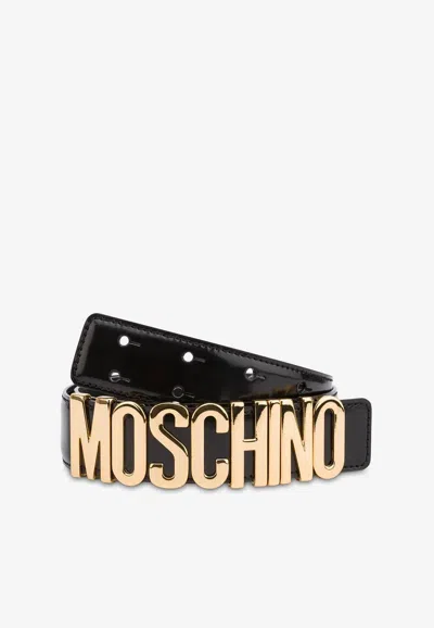 Moschino Logo Belt In Calf Leather In Black