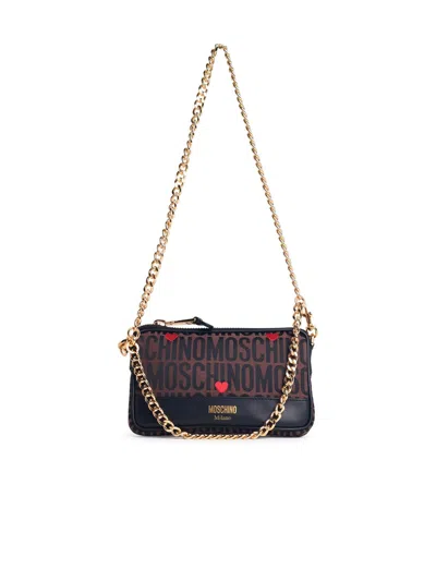 Moschino Logo Brown Lear Blend Crossbody Bag In 棕色的