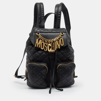 Pre-owned Moschino Logo Charm Black Quilted Leather Drawstring Backpack