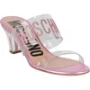 Moschino Glitter Logo Heel Sandals In Transparent Pink