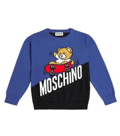 Moschino Kids' Logo Cotton And Wool Sweater In Blue