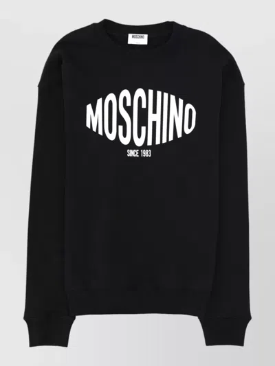 Moschino Logo Crew Neck Sweatshirt Ribbed Trim In Black