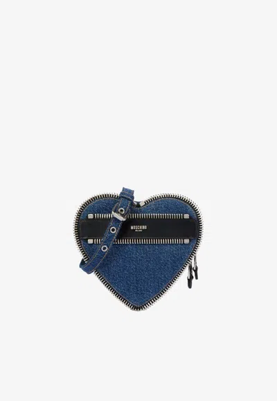 Moschino Logo Denim Heart-shaped Clutch In Blue