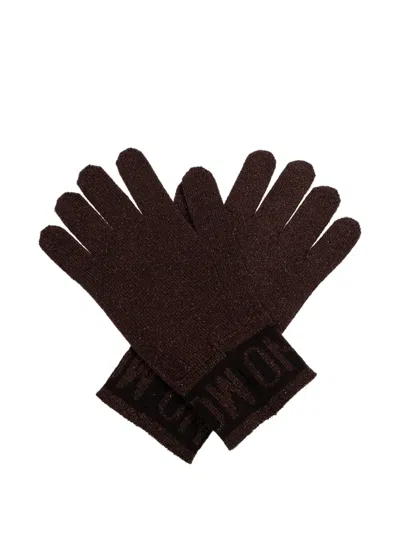 Moschino Logo-detail Glitter-effect Gloves In Brown