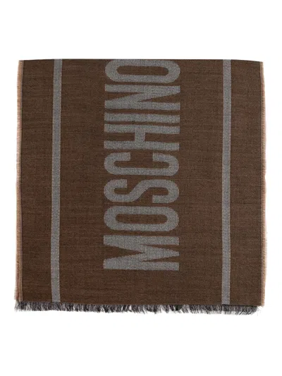 Moschino Logo-detail Wool Scarf In Brown
