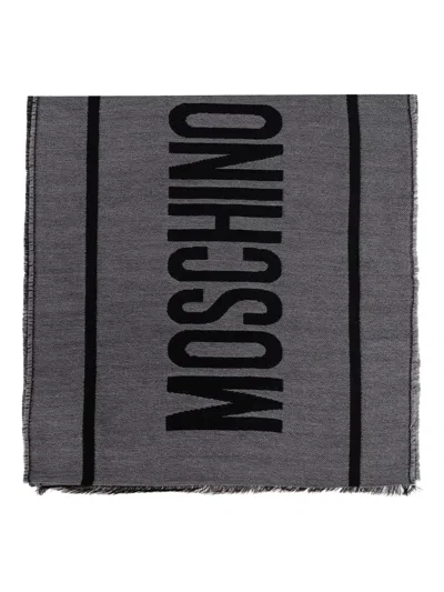 Moschino Logo-detail Wool Scarf In Gray