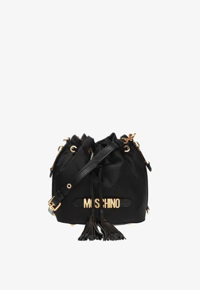 Moschino Logo Drawstring Shoulder Bag In Black