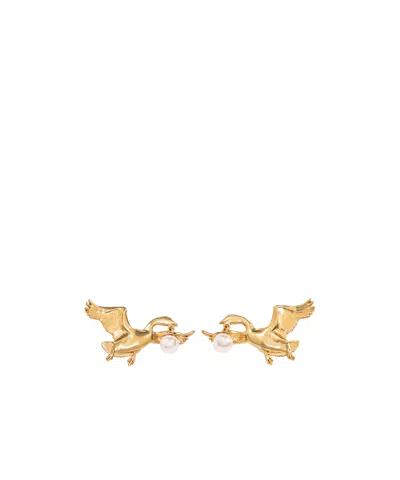 Moschino Goose Pearl-embellished Earrings In Gold