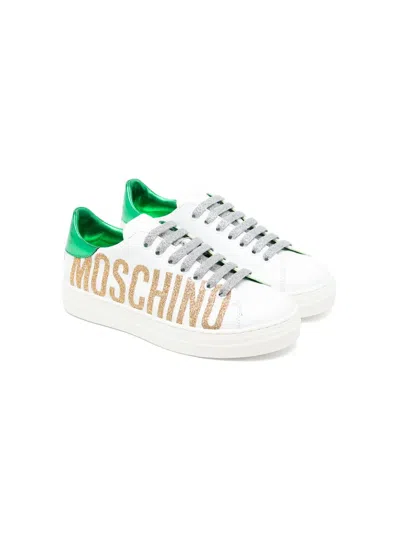 Moschino Kids' Logo-embellished Glitter-detail Sneakers In White