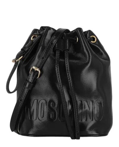 Moschino Logo Embossed Coated Leather Bucket Bag In Black