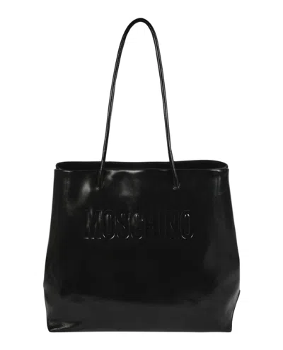 Moschino Logo Embossed Coated Leather Tote Bag In Black