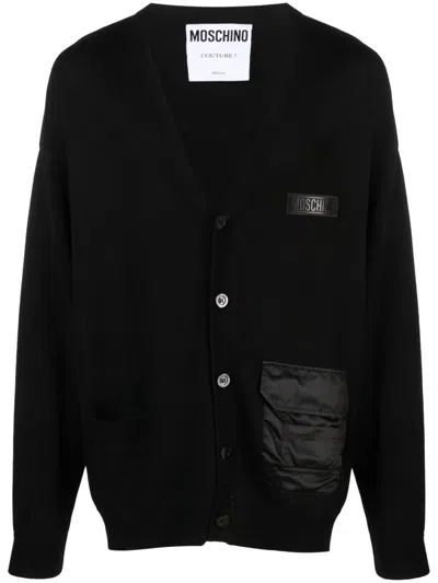 Moschino Logo-embossed Ribbed-knit Cardigan In Black