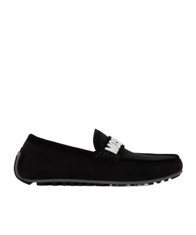 Moschino Logo-embossed Short-pile Loafers In Black